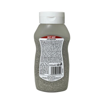 Clear plastic bottle of GET OFF Cat Repellent granules with white flip cap, visible label and "500ml" text