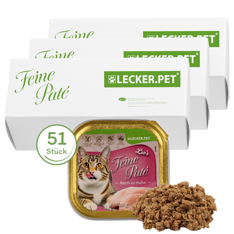 Lyra Pet Lecker.Pet Leo's Feine Paté Reich an Huhn Katzenfutter Nassfutter Vollnahrung 51x100 g