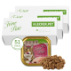 Drei weiße "Feine Paté"-Schachteln von LECKER.PET, mit einer 100g Katzenfutter-Schale und einer Katze, die sich die Lippen leckt, mit der Aufschrift "51 Stück."
