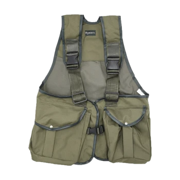 Olivgrüne Haustier-Trainingsweste mit verstellbaren Riemen, zwei großen Fronttaschen und "Romney's"-Etikett auf der Brust.