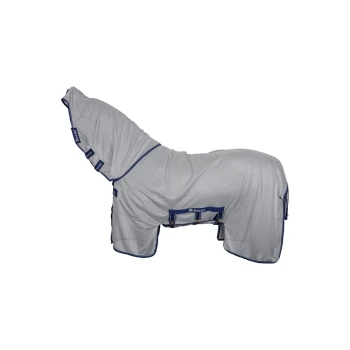 Eine graue Pferde-Decke mit Kapuze, mit blauen Akzenten und Schnallen, auf einem Pferdemodell präsentiert.