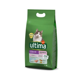 Stérilisé Bien-être Digestif avec de la Truite 3 kg Sac vert de nourriture pour chats Ultima avec une image de chat, étiqueté "Stérilisé" et "Sensible," mettant l'accent sur la truite comme ingrédient principal.
