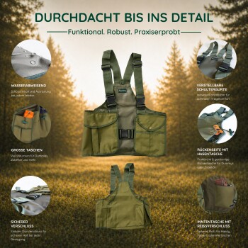 Person in orangefarbener Jacke geht auf einem grasbewachsenen Weg mit einem Golden Retriever und trägt einen grünen Haustier-Tragerucksack.