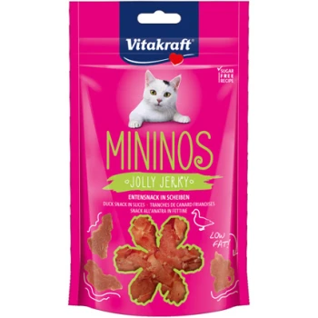 Emballage de friandises pour chats Pink Vitakraft Mininos Jolly Jerky avec un chat joueur, étiqueté "Snack de Canard en Tranches", faible en gras et sans sucre.