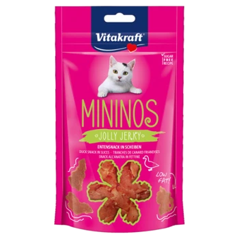 Verpackung von Pink Vitakraft Mininos Jolly Jerky Katzenleckerlis mit einer verspielten Katze, beschriftet "Entensnack in Scheiben", fettarm und zuckerfrei.