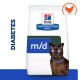 Hill's Prescription Diet m/d voor diabetische katten, met een bruine kat met een blauwe halsband op de verpakking.