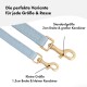 Helle blaue Hundeleinen mit goldenen Verschlüssen, beschriftet für Standard- und kleine Größen, mit Breitenangaben und Eignung für alle Rassen.