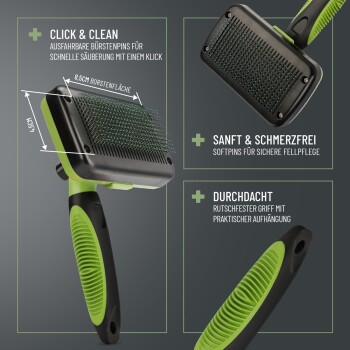 Haustierpflegebürste mit ergonomischem Griff in Grün und Schwarz, mit weichen Stiften für sanfte Fellpflege und einem Click-Clean-Mechanismus.