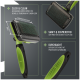 Haustierpflegebürste mit ergonomischem Griff in Grün und Schwarz, mit weichen Stiften für sanfte Fellpflege und einem Click-Clean-Mechanismus.