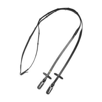 Schwarze Leder-Hundeleine mit silbernen Verschlüssen, mit verstellbaren Riemen und einem eleganten Design.