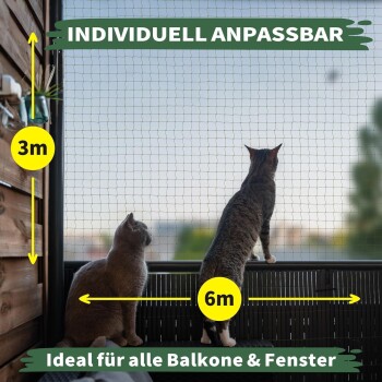 Balkon mit Schutznetz, mit 'INVIDUELL KÜRZBAR' und 'Ideal für alle Balkone & Fenster', mit 3m und 6m Maßen.
