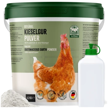 Behälter mit Geflügel-Diatomeenerde-Pulver (4,2 kg) mit einer Grafik einer Henne, mit Text in deutscher Sprache und einer grünen Kappe.