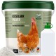 Behälter mit Geflügel-Diatomeenerde-Pulver (4,2 kg) mit einer Grafik einer Henne, mit Text in deutscher Sprache und einer grünen Kappe.