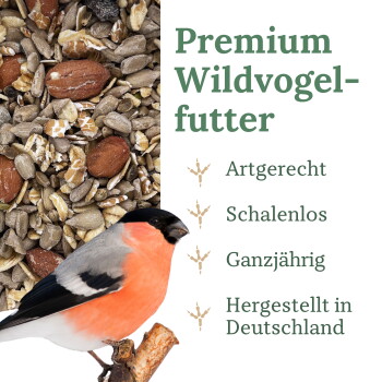 Premium‑Wildvogelfutter — Saatmischung und Gimpel; Text: Artgerecht/Schalenlos/Ganzjährig/Hergestellt in Deutschland.