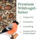 Premium‑Wildvogelfutter — Saatmischung und Gimpel; Text: Artgerecht/Schalenlos/Ganzjährig/Hergestellt in Deutschland.