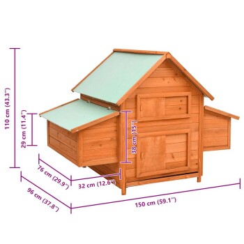 Holzhaustierhaus mit einem grünen schrägen Dach, Vordertür, zwei Seitenfächern; Abmessungen: 110 cm Höhe, 96 cm Tiefe, 152 cm Breite.