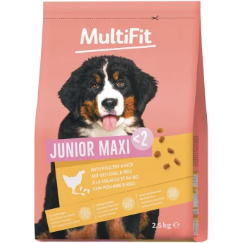 MultiFit Hundefutterbeutel mit Berner Sennenwelpe; JUNIOR MAXI <2; MIT GEFLÜGEL & REIS; 2,5 kg.