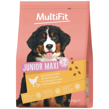 MultiFit Hundefutterbeutel mit Berner Sennenwelpe; JUNIOR MAXI <2; MIT GEFLÜGEL & REIS; 2,5 kg.