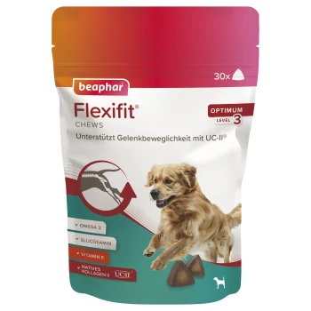 Flexifit Snacks Hund Chews 175 g Beaphar Flexifit Chews Verpackung mit einem Golden Retriever, der die Gelenkbeweglichkeit mit Zutaten wie Omega 3, Glucosamin und Vitamin E fördert.