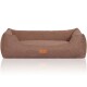 Braunes Tierbett mit erhöhten Rändern und einem Lederlogo-Patch, entworfen für Komfort und Stil.