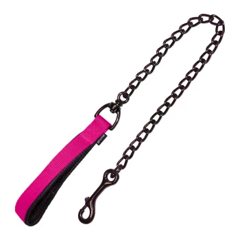 Eine pinkfarbene und schwarze Hundeleine mit einem Stoffgriff und einer Metallkette, mit einem stabilen Clip zum Befestigen an einem Halsband.