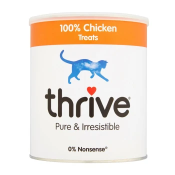 100% Snacks Vorteilspack Huhn, 170 g Dose mit Thrive 100% Hühnerleckerlis für Katzen, mit einer blauen Katzensilhouette und dem Text "Rein & Unwiderstehlich" und "0% Unsinn."