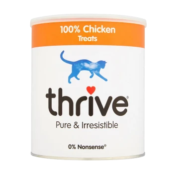Dose mit Thrive 100% Hühnerleckerlis für Katzen, mit einer blauen Katzensilhouette und dem Text "Rein & Unwiderstehlich" und "0% Unsinn."
