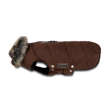Brauner gesteppter Hundemantel mit Kunstfellbesatz, Metall-Druckknöpfen und Label "WOLTERS".