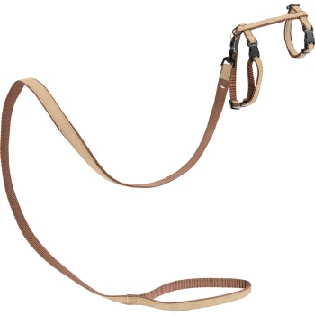 Royal Cat Harness with Leash brown Brown pet harness and leash set, featuring adjustable straps and metal clips for secure attachment.