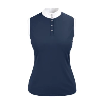 Marineblaues ärmelloses Poloshirt mit einem weißen Kragen und fünf dekorativen Knöpfen auf der Vorderseite.