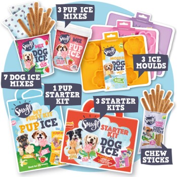 Divers produits pour animaux comprenant 7 mélanges de glace pour chiens, 1 kit de démarrage pour chiots, 3 moules à glace et des bâtonnets à mâcher, tous marqués "Smoofl."