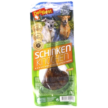 DeliBest Premium Schweineknochen-Hundeleckerli-Packung mit zwei glücklichen Hunden in einer natürlichen Umgebung, beschriftet mit "Schinken Knochen" und "Glutenfrei."