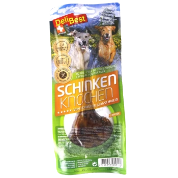 DeliBest Premium Schweineknochen-Hundeleckerli-Packung mit zwei glücklichen Hunden in einer natürlichen Umgebung, beschriftet mit "Schinken Knochen" und "Glutenfrei."