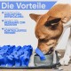 Ein Hund frisst aus einer grauen Schüssel auf einer Matte mit blauen Streifen, die Vorteile hervorhebt: verspielte Entwicklung, bessere Bindung zwischen Haustier und Besitzer und langsames Fressen.