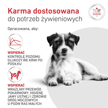 Mały czarno-biały terier; nagłówek 'Jedzenie dopasowane do potrzeb żywieniowych'; informacje: wspiera kontrolę poziomu glukozy, zdrowie układu pokarmowego i moczowego.