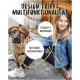 Eine Frau sitzt auf Kopfsteinpflaster mit einem Hund und hebt eine stilvolle Leder-Hundeleine hervor. Text: "Design trifft Multifunktionalität," "Elegant & anpassbar."