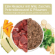 Eine Edelstahlschüssel mit Tierfutter, umgeben von frischem Gemüse und Obst, mit dem AniForte-Logo darüber.