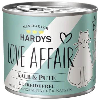 LOVE AFFAIR 6x200g Kalb und Pute Dosenkatzenfutter mit der Aufschrift "Hardys Love Affair" mit Rind und Truthahn, getreidefrei, mit einer verspielten Katzenillustration.