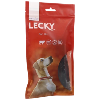 Rote Verpackung für LECKY Flat' Stix Hundeleckerlis mit einem Profil eines Hundes, der nach oben schaut. Der Text enthält die Icons "100% Natürlich" und "Premium Qualität."