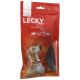 Rote Verpackung für LECKY Flat' Stix Hundeleckerlis mit einem Profil eines Hundes, der nach oben schaut. Der Text enthält die Icons "100% Natürlich" und "Premium Qualität."