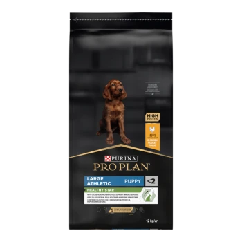 Purina Pro Plan Large Athletic Puppy Futterbeutel, 12 kg, mit einem Bild eines Welpen, einem Hochproteinetikett und dem Anspruch 'Healthy Start'.