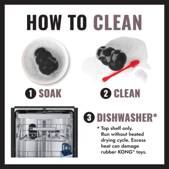 How to Clean: black rubber KONG toy - 1 Soak, 2 Clean (red brush), 3 Dishwasher* (Top shelf only; no heated drying cycle)