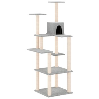Grauer mehrstöckiger Katzenbaum mit Kratzpfosten und einem gemütlichen Versteck oben.
