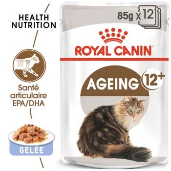 Emballage de nourriture pour chats Royal Canin Ageing 12+ présentant une illustration de chat duveteux, avec un texte mettant en avant la nutrition santé et l'EPA/DHA.