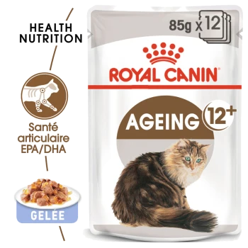Emballage de nourriture pour chats Royal Canin Ageing 12+ présentant une illustration de chat duveteux, avec un texte mettant en avant la nutrition santé et l'EPA/DHA.