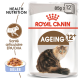 Emballage de nourriture pour chats Royal Canin Ageing 12+ présentant une illustration de chat duveteux, avec un texte mettant en avant la nutrition santé et l'EPA/DHA.