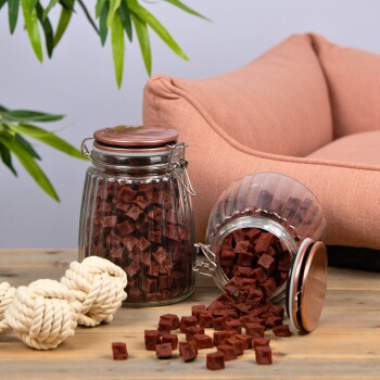 Zwei Glasbehälter mit würfelförmigen Hundeleckerlis, einer umgekippt auf einem Holztisch, mit einem weißen Seilspielzeug und einem rosa Haustierbett im Hintergrund.