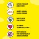 Heller gelber Hintergrund mit Katzenleckereien-Icons und Text: "Jede Katze träumt davon", "Knusprig außen, cremig innen", "2 kcal", "Vitamine & Mineralien."