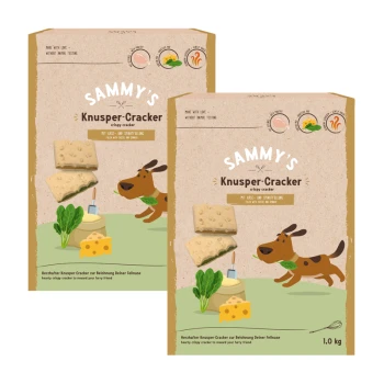 Zwei Pakete von "Sammy's Knusper-Cracker," einem knusprigen Hundesnack, mit einem Cartoon-Hund, Käse und Gemüse. Jedes Paket wiegt 1,0 kg.