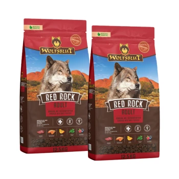 Deux sacs de 12,5 kg de nourriture pour chien adulte Wolfsblut Red Rock avec kangourou et patates douces, emballage recyclable.